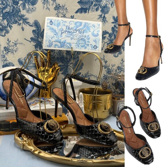 🆕 KURT GEIGER LONDON 🧿 NWOB Chelsea Ankle Strap Heel, Black Snakeskin, Sz 37 7 - Picture 1 of 15